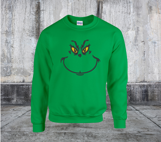 Grinch Face Embroidered Crewneck Sweater