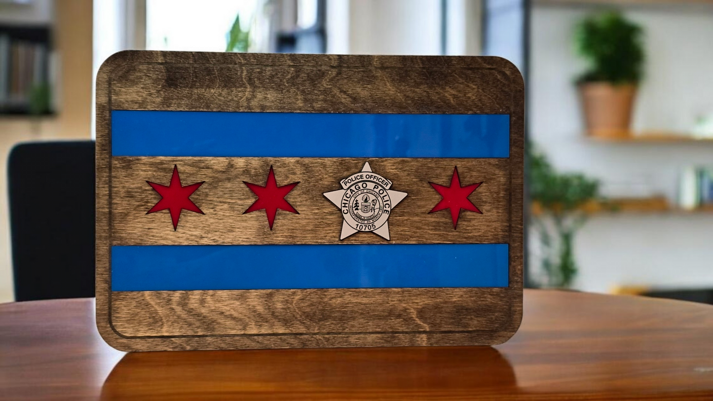 Chicago Wooden/Acrylic Flag with Chicago Police Star