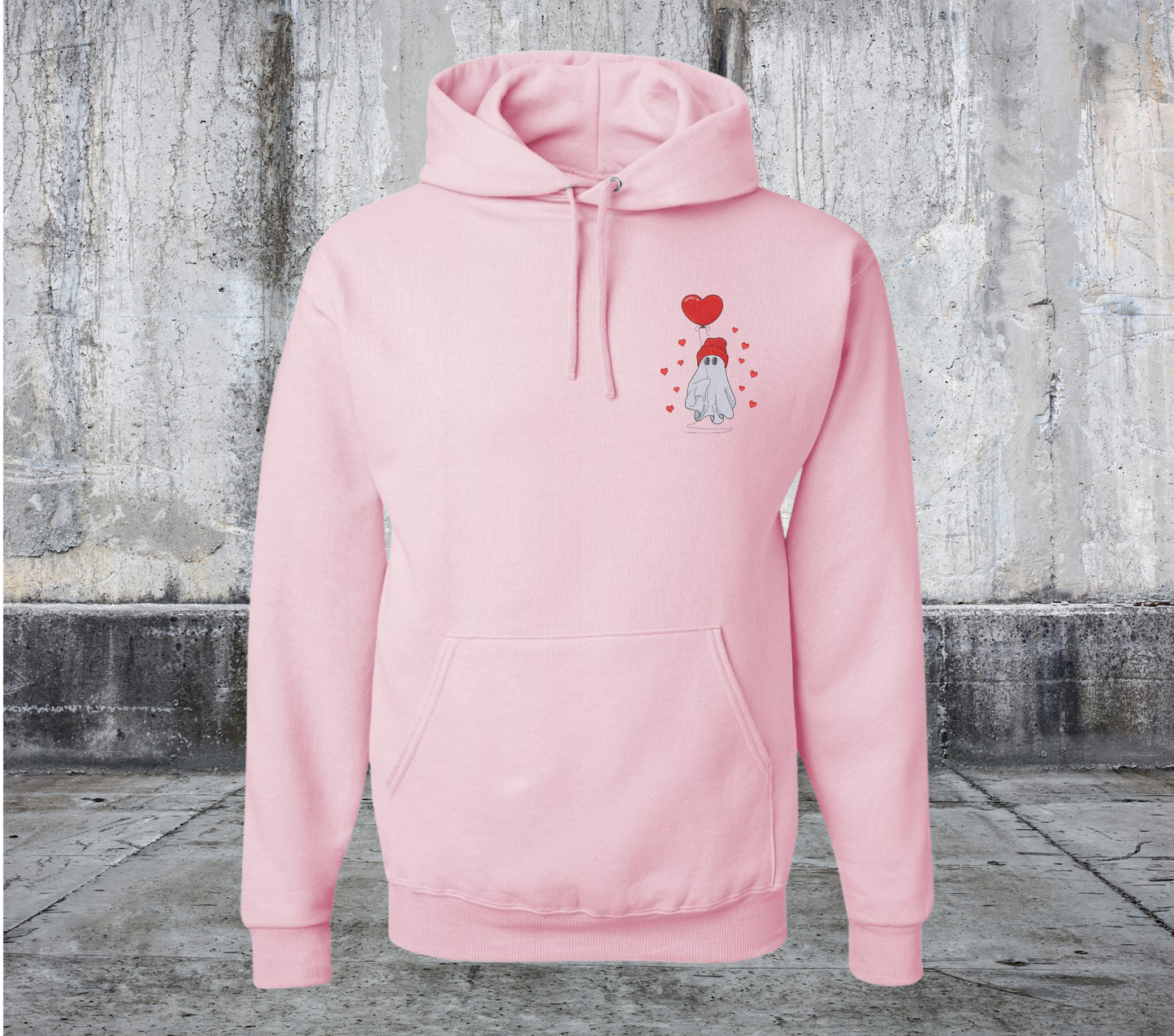 BEANIE GHOST HOLDING HEART BALLoON VALENTINES EMBROIDERED SWEATER