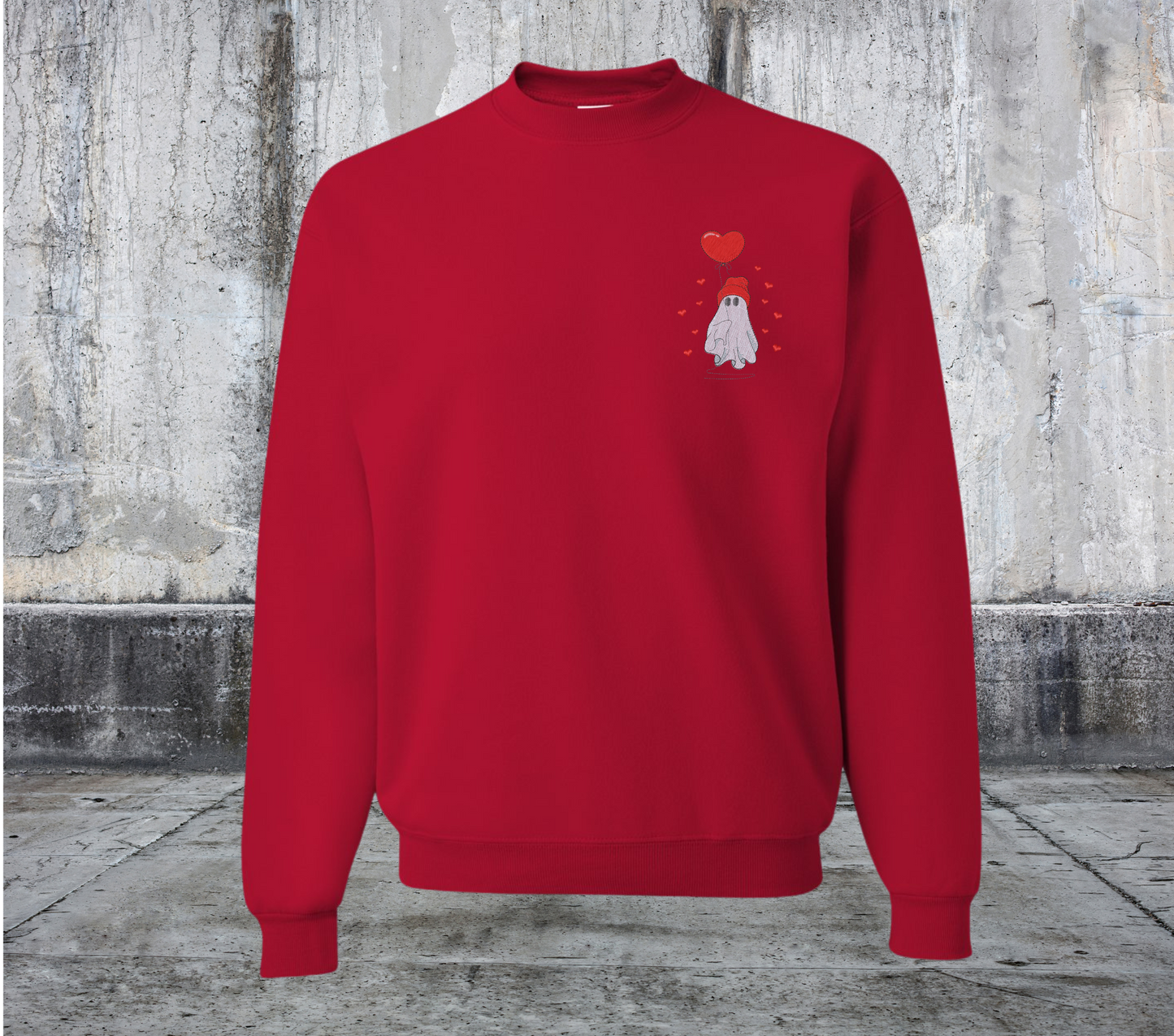 BEANIE GHOST HOLDING HEART BALLoON VALENTINES EMBROIDERED SWEATER