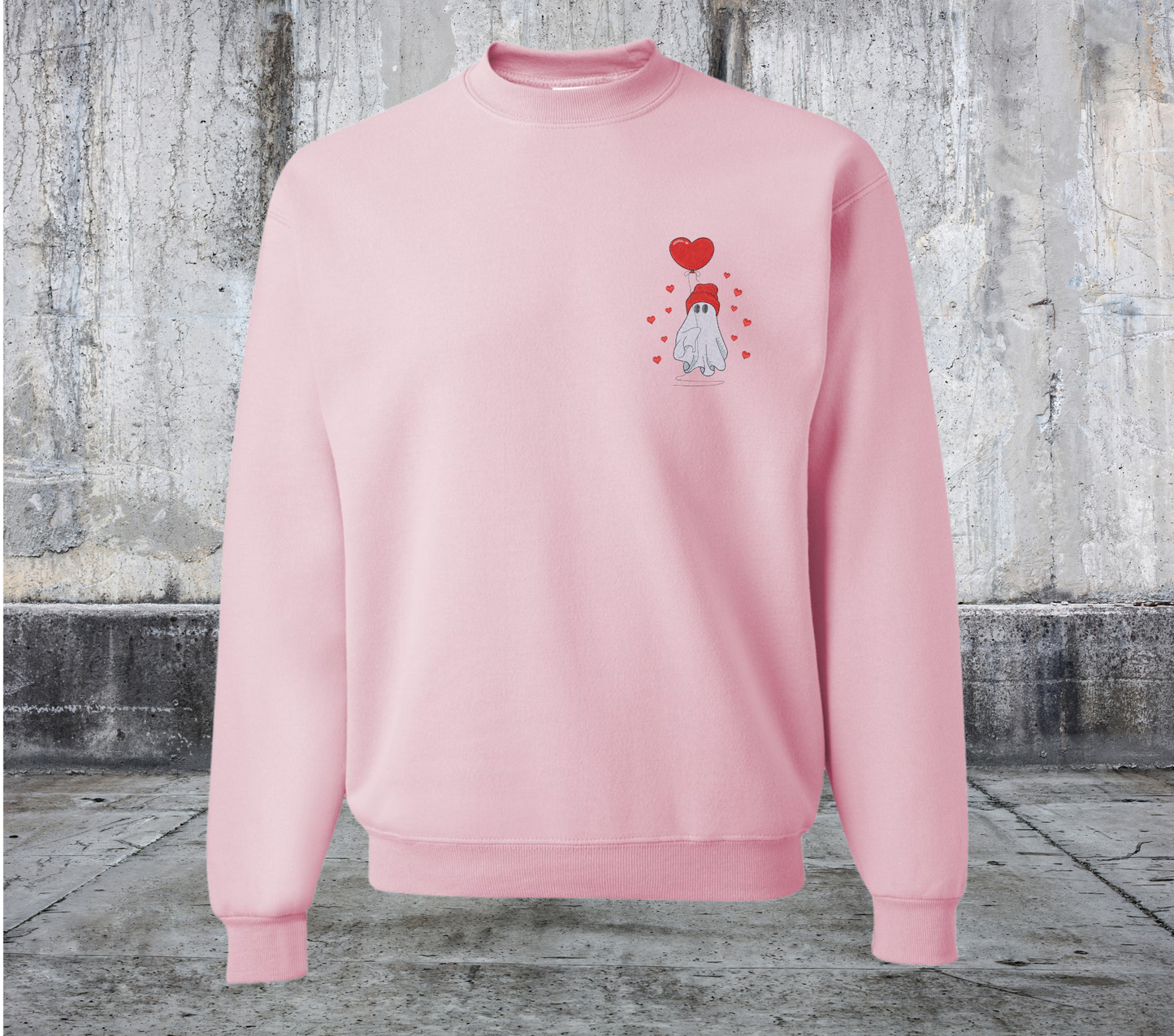 BEANIE GHOST HOLDING HEART BALLoON VALENTINES EMBROIDERED SWEATER