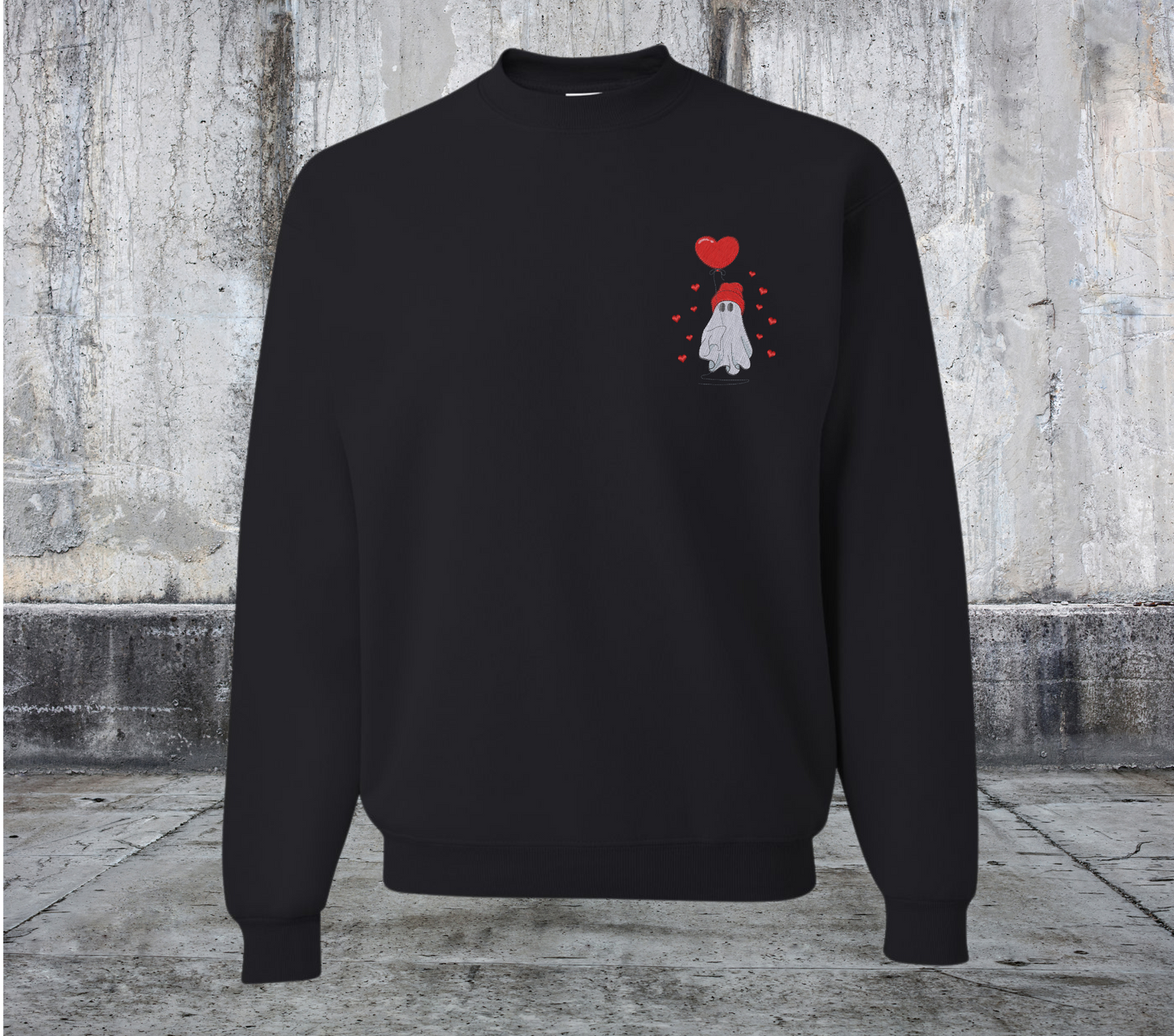 BEANIE GHOST HOLDING HEART BALLoON VALENTINES EMBROIDERED SWEATER