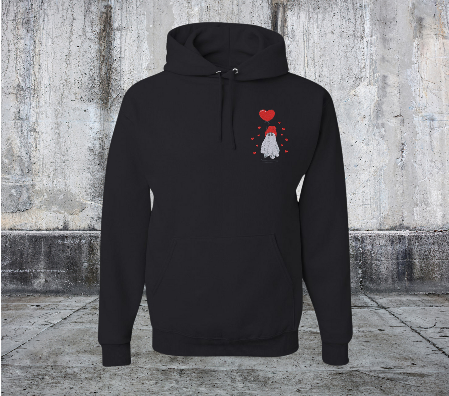 BEANIE GHOST HOLDING HEART BALLoON VALENTINES EMBROIDERED SWEATER